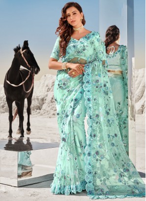 Aqua Blue Net Classic Saree