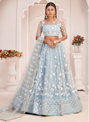 Light Sky Blue Net Wedding Trendy Lehenga Choli