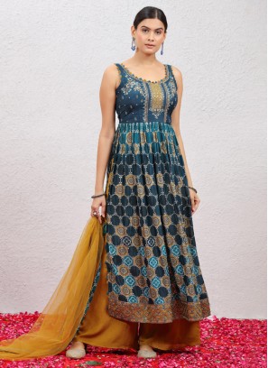 Blue and Mustard Printed Crepe Silk Palazzo Suit