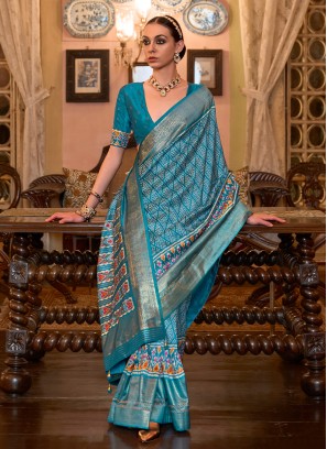 Aqua Blue Patola Printed Silk Contemporary Saree