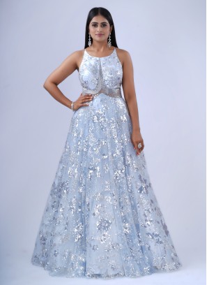 Aqua Blue Sequins Embellished Designer Gown