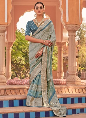 Shaded Aqua Blue Kachhi Silk Saree