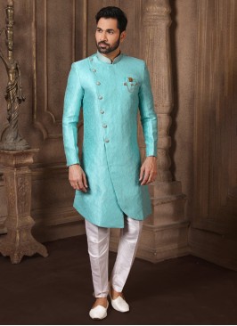 Aqua Blue Wedding Wear Jacquard Silk Indowestern Set