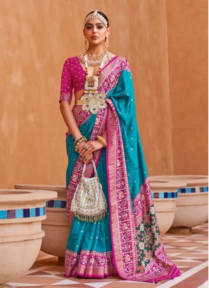 Aqua Color Patola Printed Trendy Silk Saree