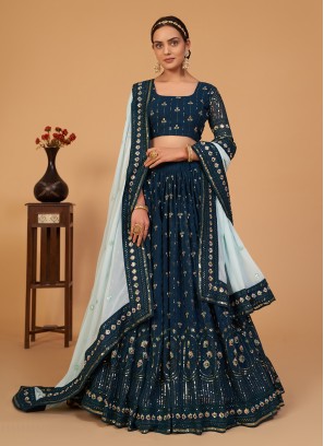 Arresting Georgette Morpeach  Embroidered A Line Lehenga Choli