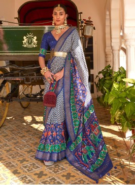 Dark Blue Festive Silk Patola Printed Saree