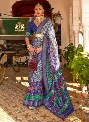 Dark Blue Festive Silk Patola Printed Saree