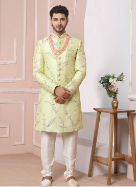 Art Banarasi Silk Pista Green Sherwani