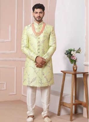 Art Banarasi Silk Pista Green Sherwani