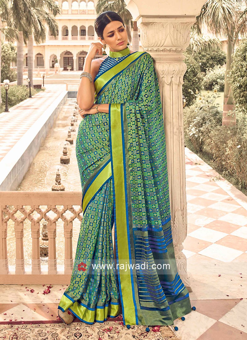 Buy BANARASI PATOLA Parrot Green With Blue All Over Resham Weave Kora  Muslin Saree With Zari Woven Border With Blouse Piece | Shoppers Stop