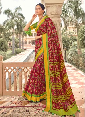 Art Dola Silk Saree In Rani And Mehndi Color