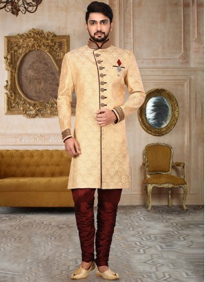 Art Jacquard Silk Cream And Maroon Indowestern Set