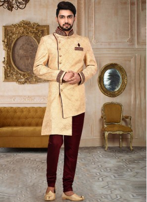 Art Jacquard Silk Cream And Maroon Indowstern Set