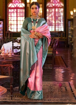 Pink & Rama Green Shimmer Silk Wedding Saree
