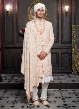 Art Silk Anarkali Sherwani In Peach