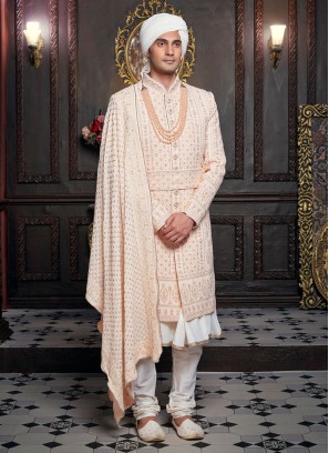 Art Silk Anarkali Sherwani In Peach