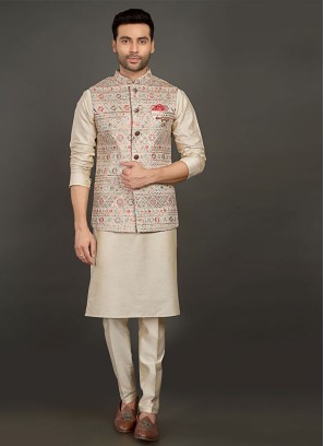 Art Silk Cream Color Nehru Jacket Suit