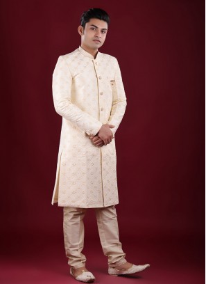 Art Silk Cream Color Wedding Indowestern