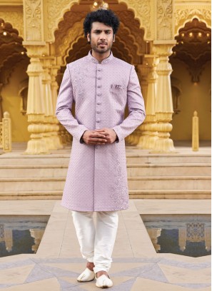 Art Silk Embroidered Groom Sherwani In Lavender Color