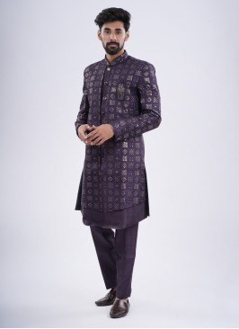 Art Silk Embroidered Jacket Style Indowestern Set For Men