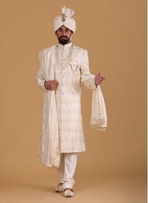 Art Silk Fabric Cream Color Sherwani For Groom