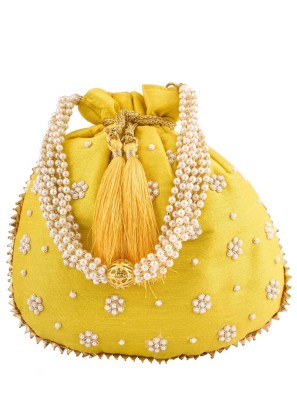 Art Silk Flower Design Yellow Potli Bag