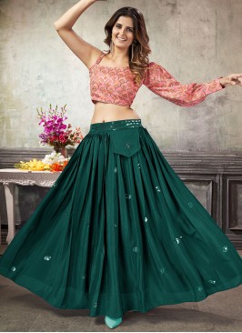 Art Silk Green And Pink Readymade Lehenga Choli