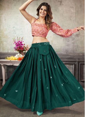 Art Silk Green And Pink Readymade Lehenga Choli