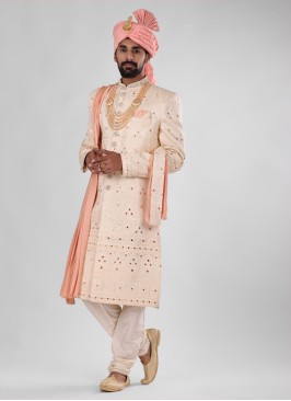 Art silk Groom Wear sherwani In Peach Color
