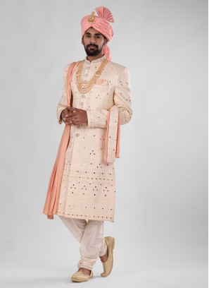 Art silk Groom Wear sherwani In Peach Color