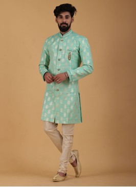 Art Silk Indowestern In Pista Green Color