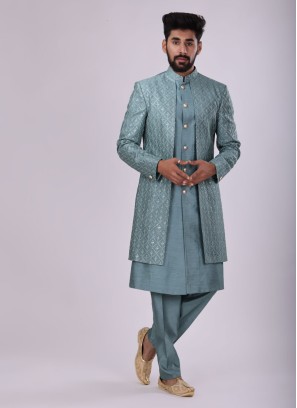 Art silk Indowestern In Sea Green Color