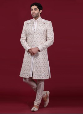 Art Silk Jacket Style Groom Sherwani In Off White Color