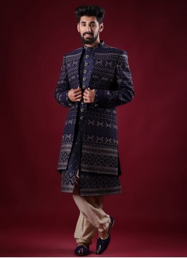 Raw Silk Jacket Style Indowestern In Blue Color