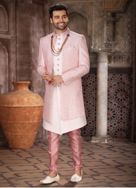 Art Silk Jacket Style Indowestern In Light Coral Color