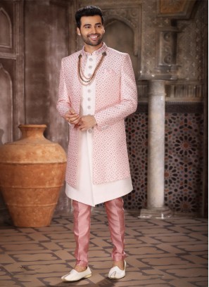 Art Silk Jacket Style Indowestern In Light Coral Color