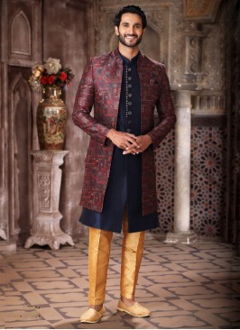 Art Silk Jacket Style Indowestern In Maroon And Blue