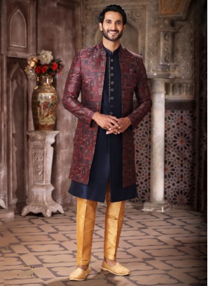 Art Silk Jacket Style Indowestern In Maroon And Blue