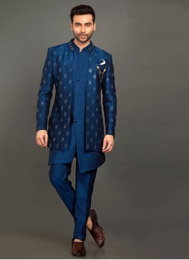 Art Silk Jacket Style Indowestern In Midnight Blue