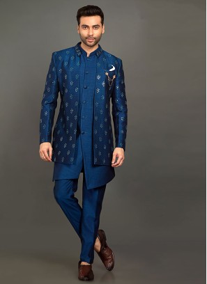 Art Silk Jacket Style Indowestern In Midnight Blue