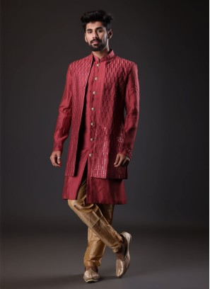 Art Silk Jacket Style Indowestern In Rust Color