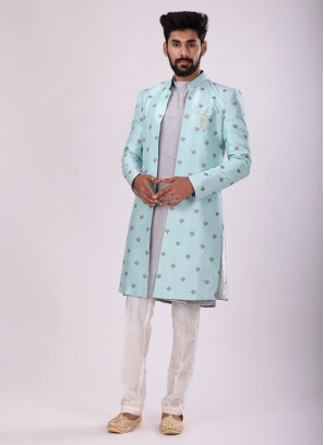 Art Silk Jacket Style Indowestern In Sea Green