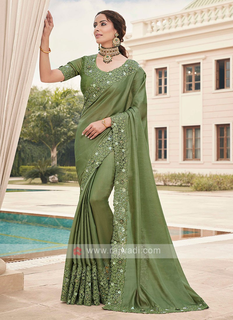 Function Wear Fancy Fabric Embroidered Mehendi Green Color Saree