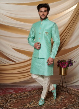 Art Silk Nehru Jacket In Firozi Color