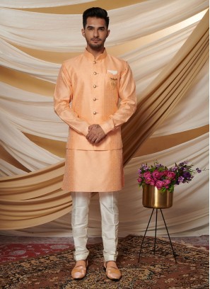 Art Silk Nehru Jacket In Peach Color