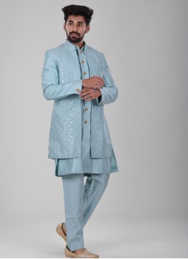 Art Silk Nehru Jacket Set In Sky Blue Color