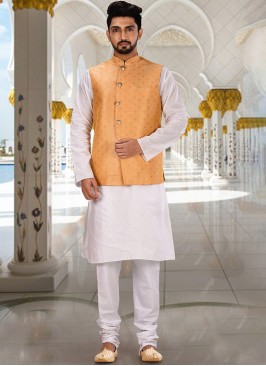 Art Silk Orange Nehru Jacket For Men