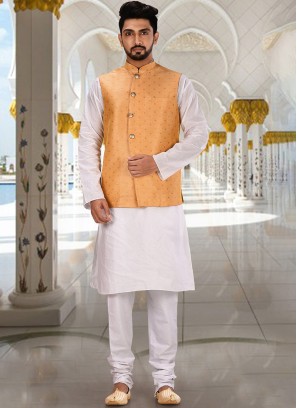 Art Silk Orange Nehru Jacket For Men