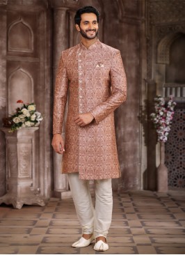 Art Silk Peach And Cream Indowestern Set