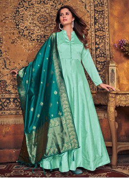 Sea Green Art Silk Anarkali Salwar Kameez